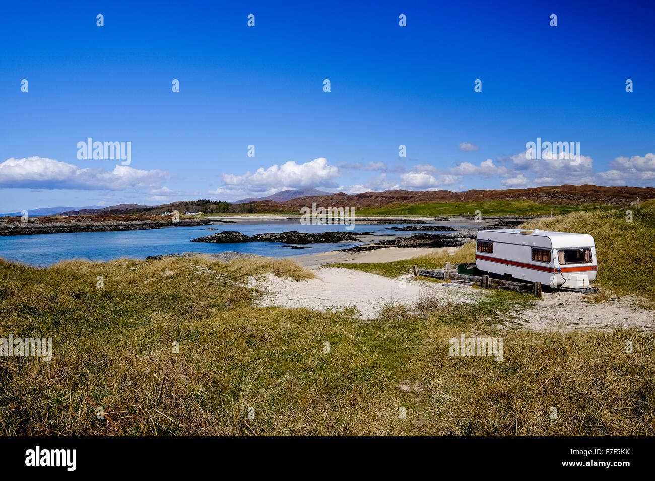 Caravan overlooking the coast in the Highlands close to Arisaig in Scotland Stock Photo
