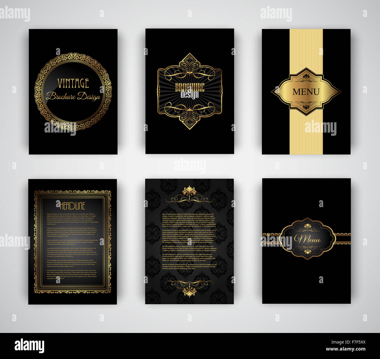 Collection of gold and black brochure and menu templates Stock Photo