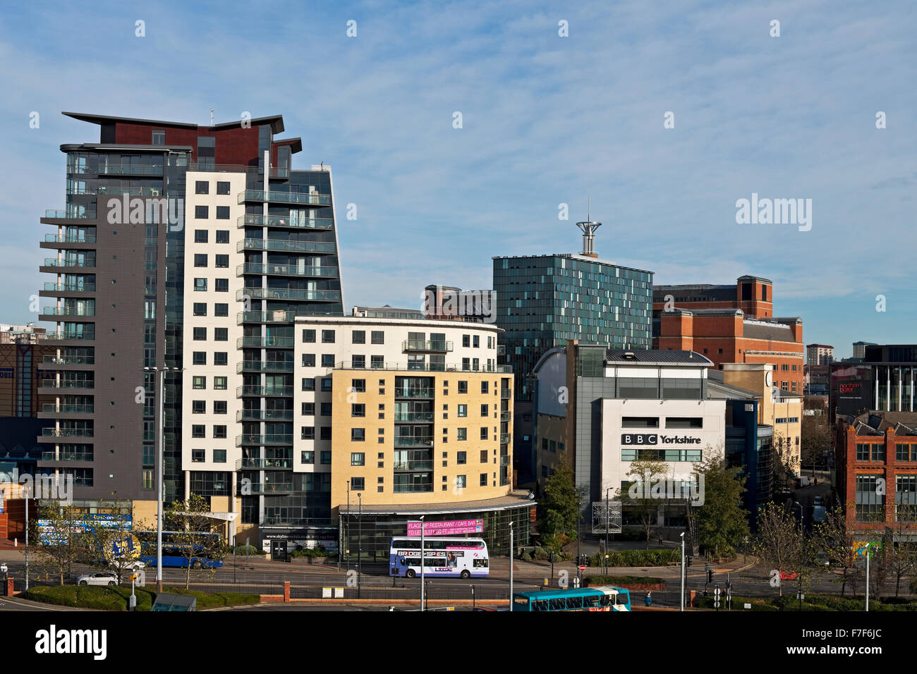 Tower blocks flats apartment block and BBC Yorkshire St Peter's Square Leeds West Yorkshire England UK United Kingdom GB Great Britain Stock Photo