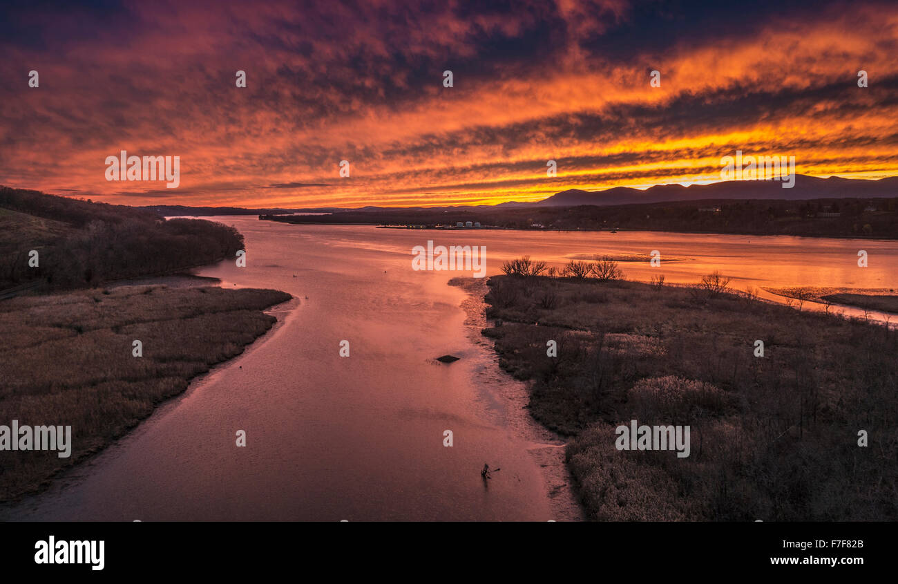 Hudson River sunset from Rip Van Winkle Bridge Stock Photo