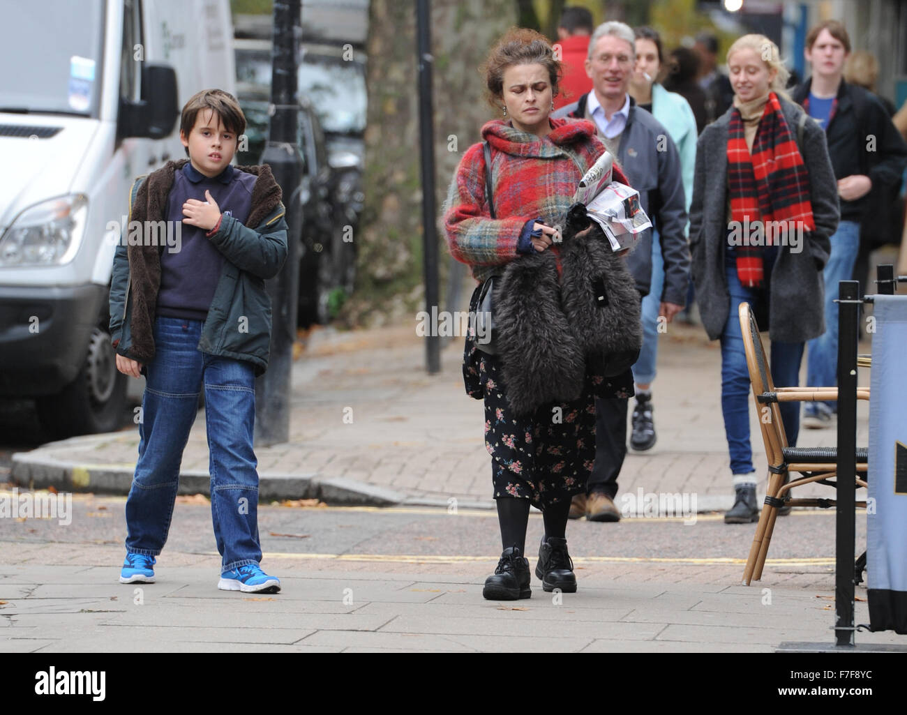 Helena Bonham Carter and her son Billy out and about in London  Featuring: Helena Bonham Carter, Billy Raymond Burton Where: London, United Kingdom When: 30 Oct 2015 Stock Photo