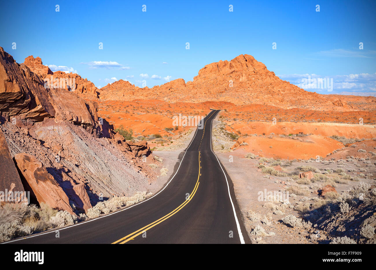 Winding desert highway, travel adventure concept, Valley of Fire State Park, Nevada, USA. Stock Photo