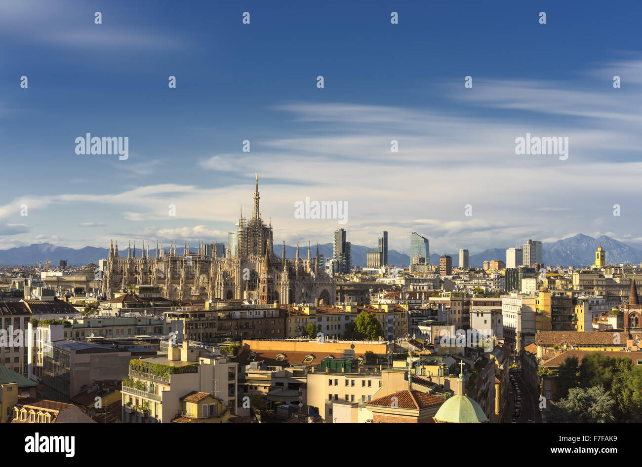 Milan, 2015 panoramic skyline with alps on background Stock Photo