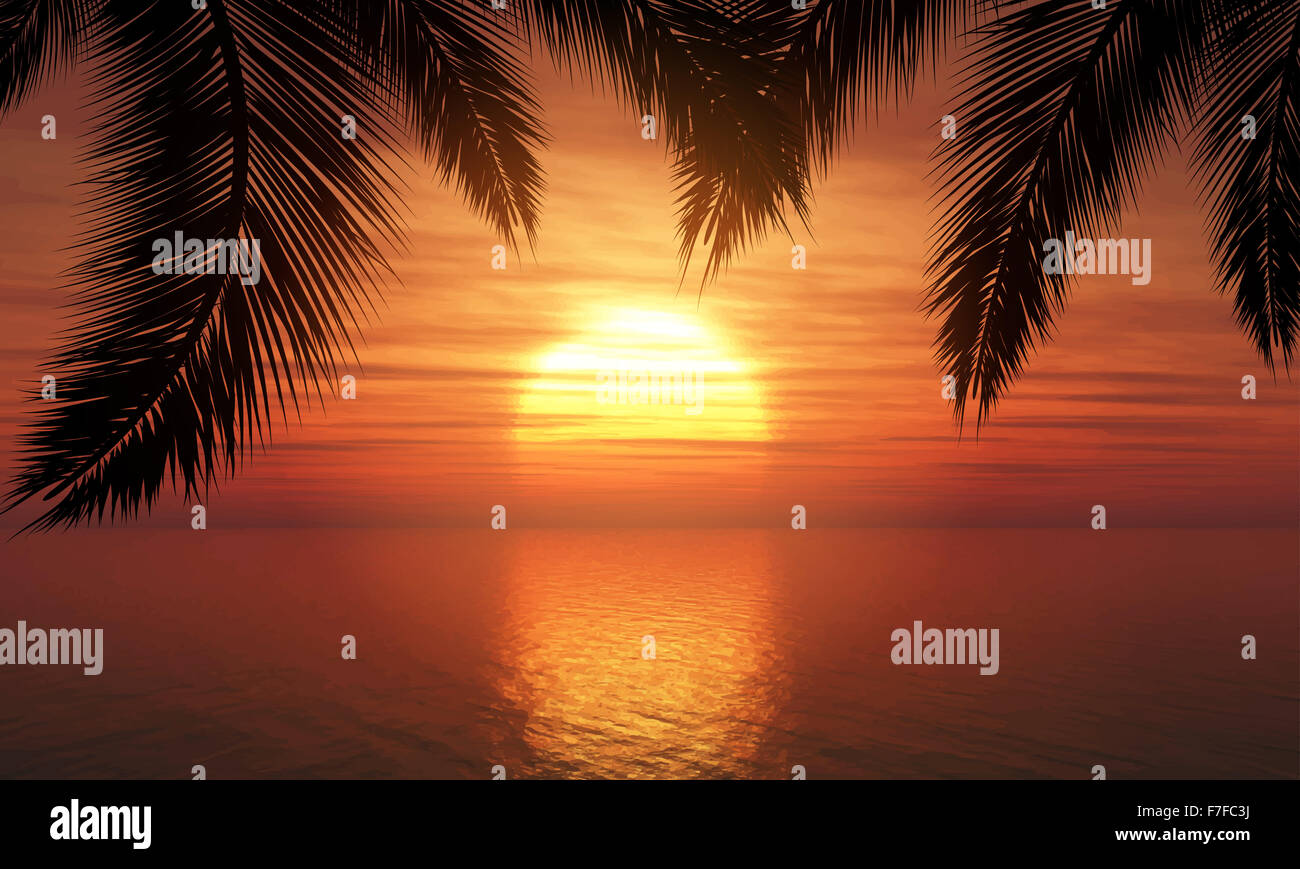 Silhouette of palm trees against a sunset ocean Stock Photo - Alamy