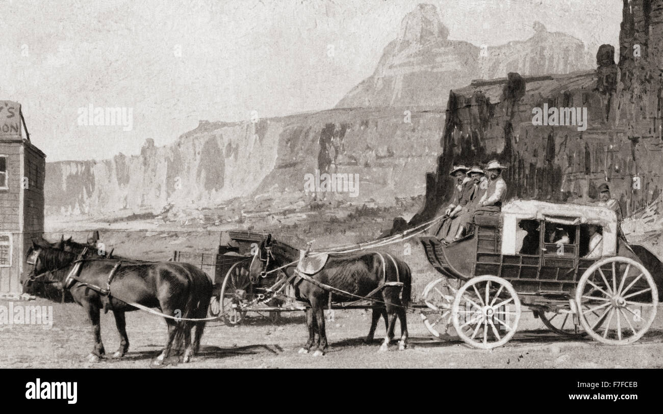 A mid 19th century American mail coach.  From Heroes of Modern Adventure, published 1927 Stock Photo