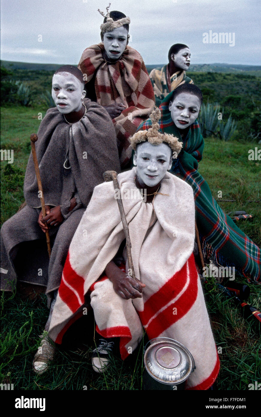 A group of young Xhosa initiates in Ciskei, Eastern Cape Province, South Africa, in December, 2006. Clad in blankets and with th Stock Photo