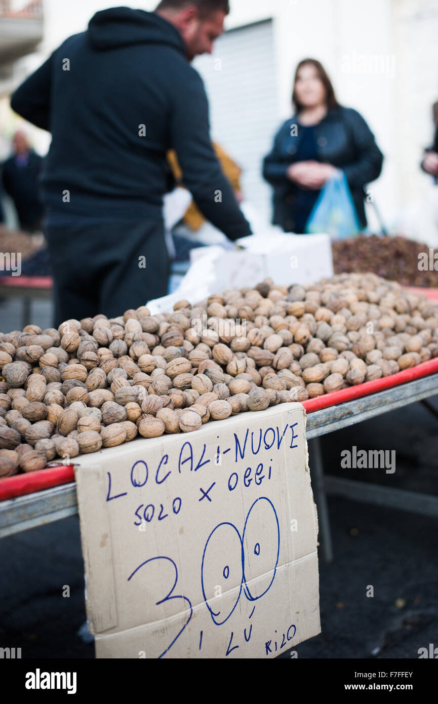 Walnuts for sale in the food market in the Italian town of Ostuni, in