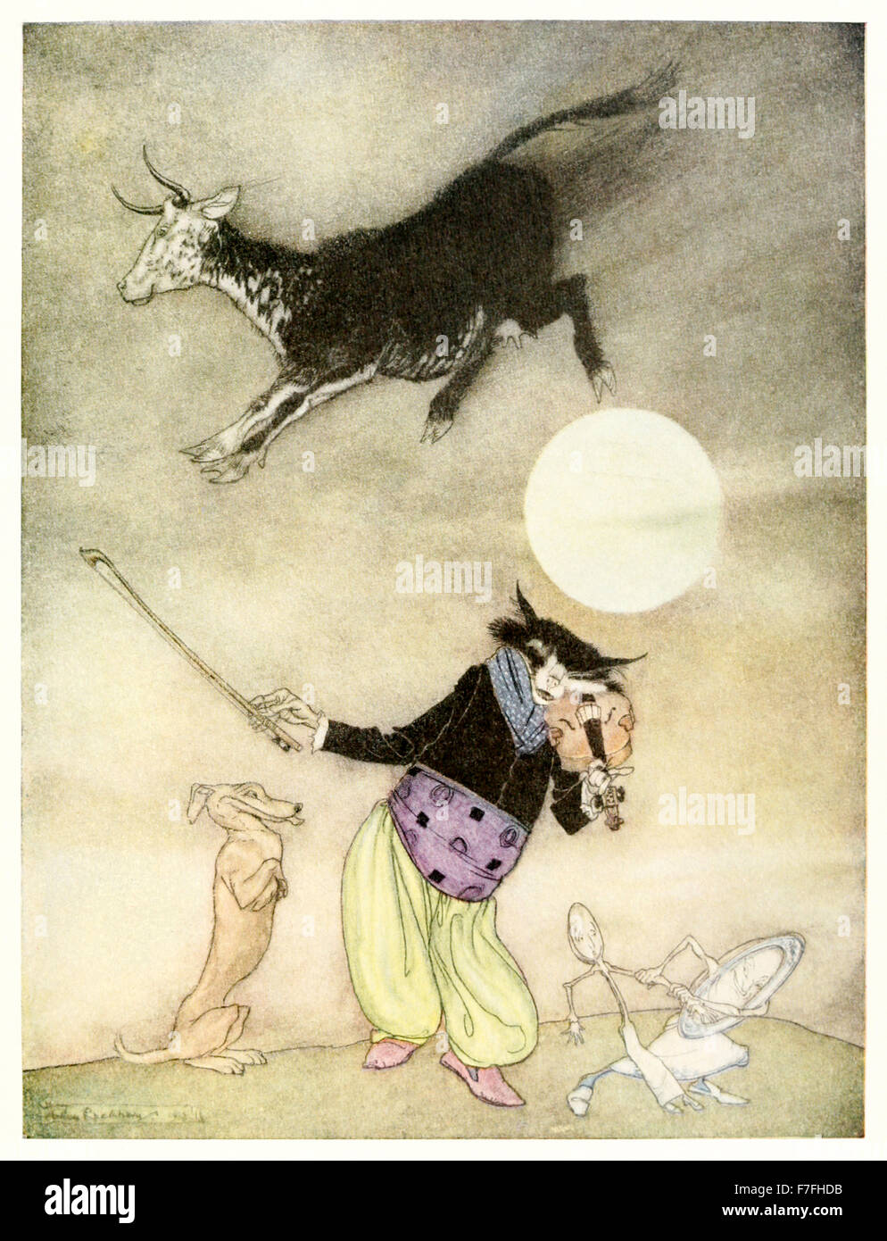 'Hey! Diddle, diddle, the cat and the fiddle!' from 'Mother Goose - The Old Nursery Rhymes' illustration by Arthur Rackham (1867-1939). See description for more information. Stock Photo
