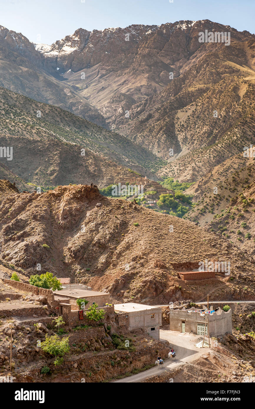 Landscape scenery and the village of Ait Aissa near Imlil in the Atlas mountains near in Morocco. Stock Photo