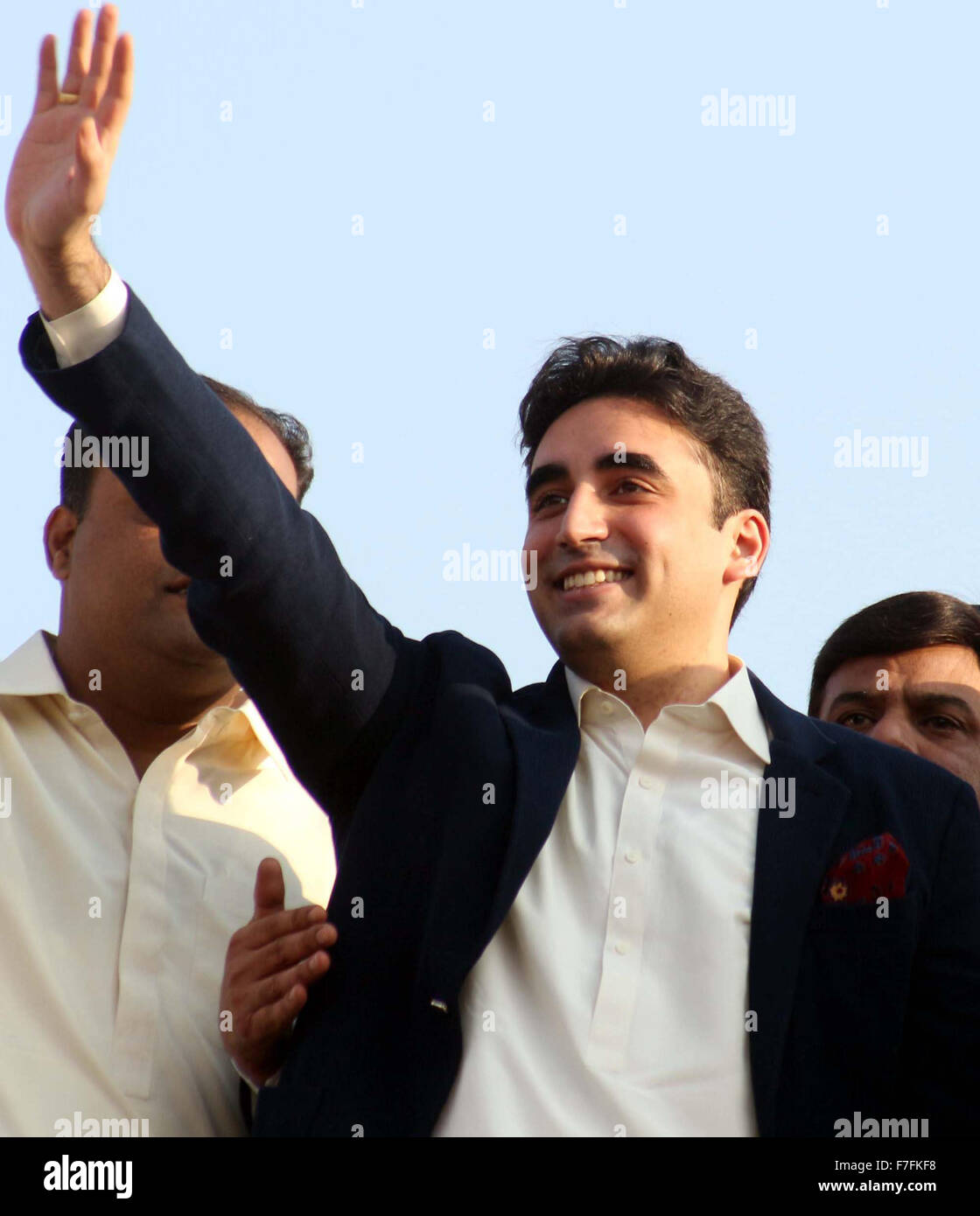 Chairman Peoples Party (PPP) Bilawal Bhutto waving hand to supporters and party activists during