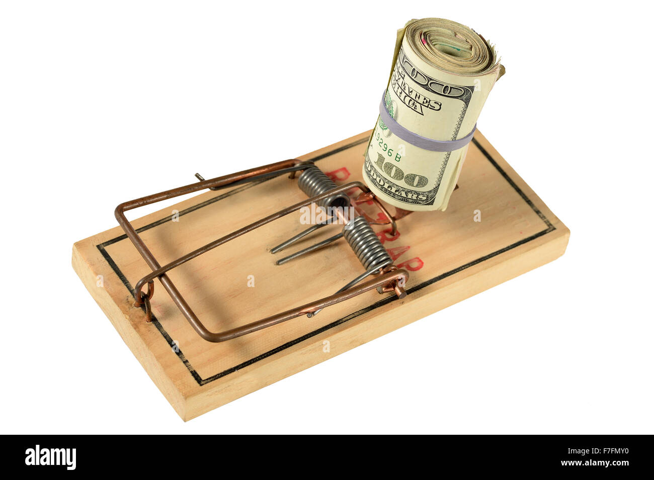 Mousetrap with bundle of dollars isolated over white background Stock Photo