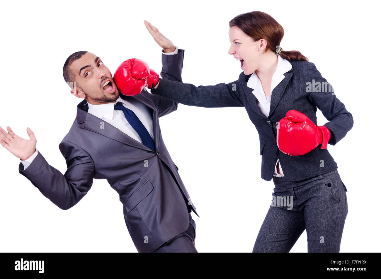 Office Infighting Office pair fighting isolated on white Stock Photo - Alamy
