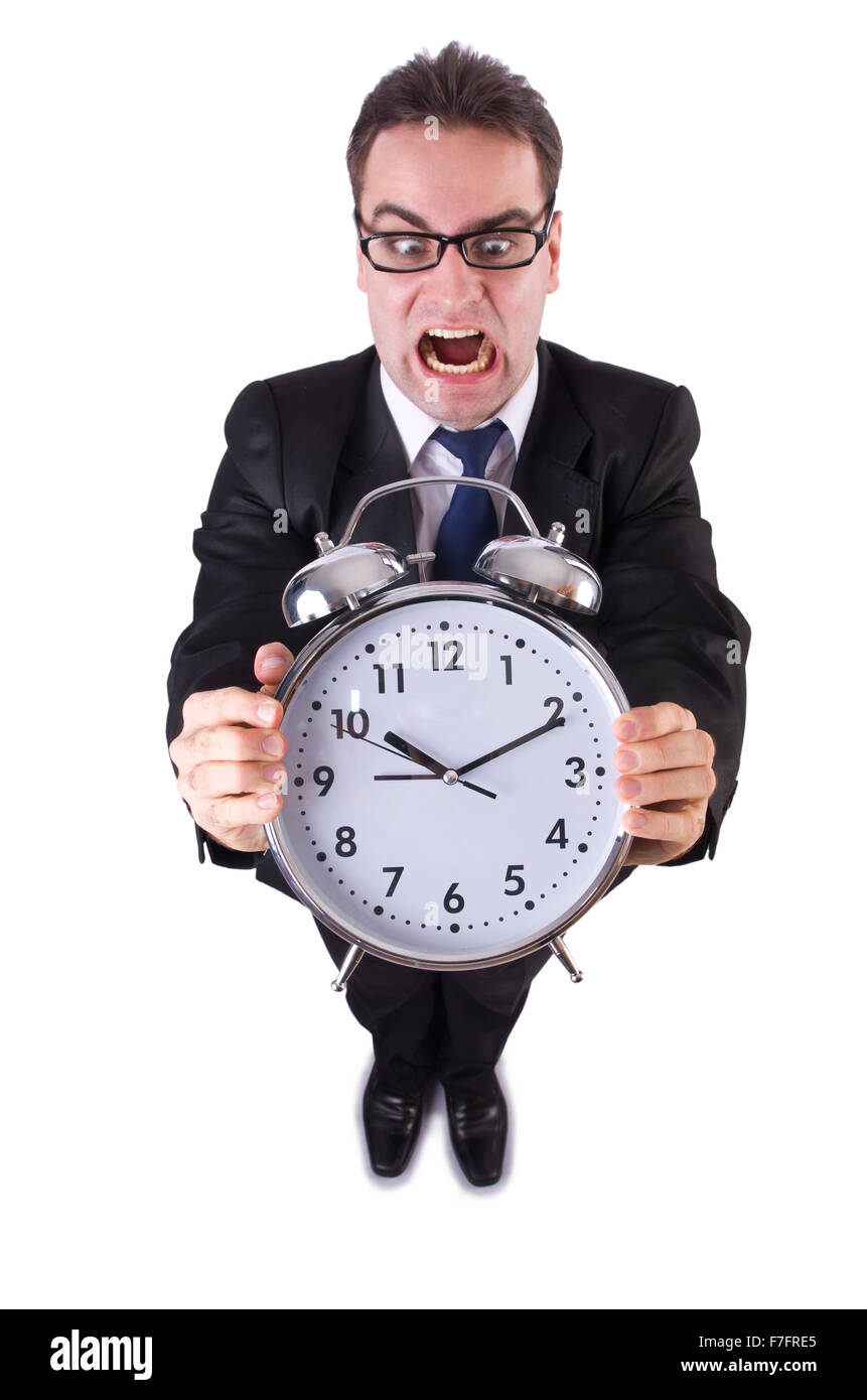 Comically Large Dial Funny businessman with gian clock on white Stock Photo - Alamy