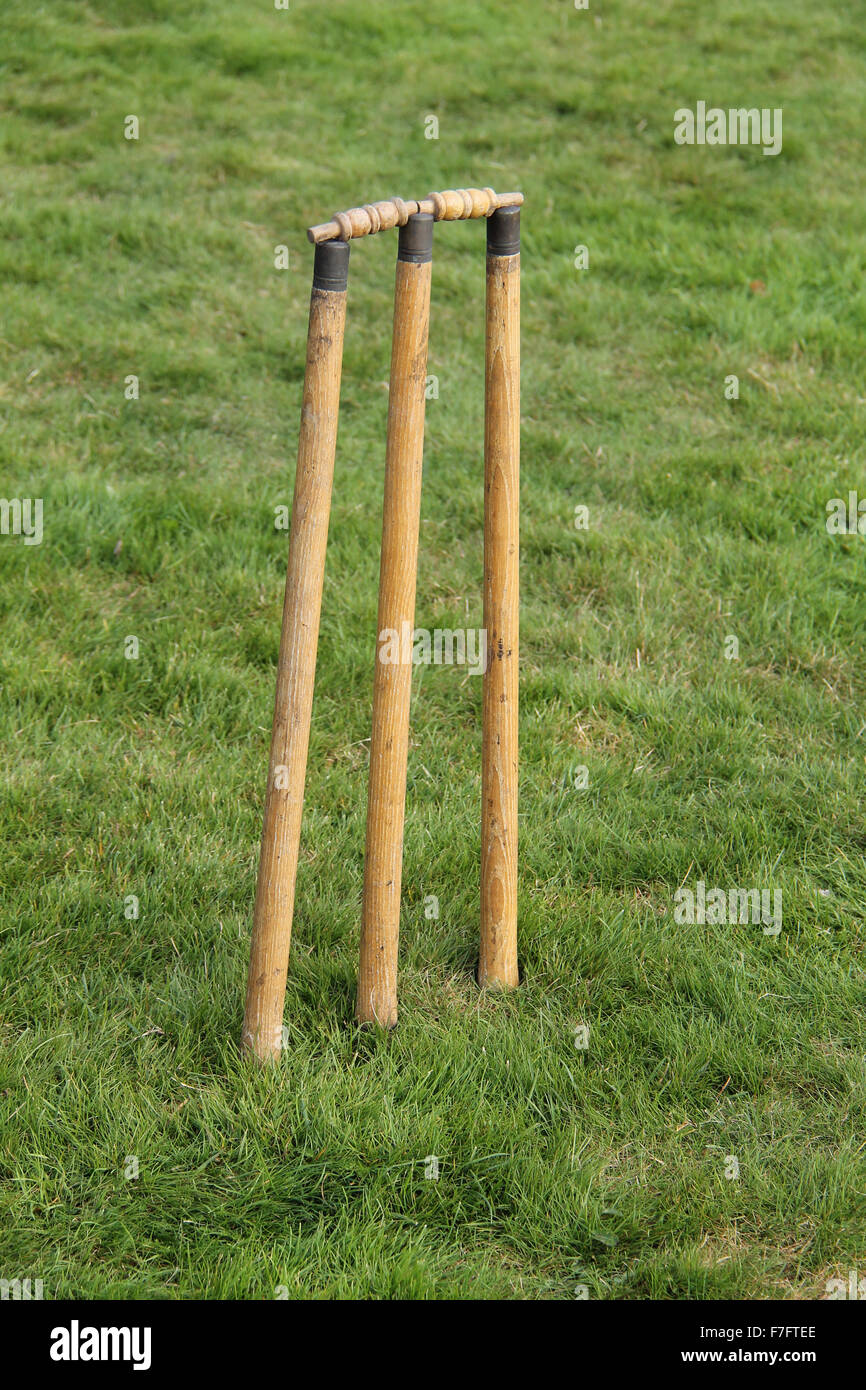 A Classic Set of Vintage Cricket Stumps and Bails. Stock Photo