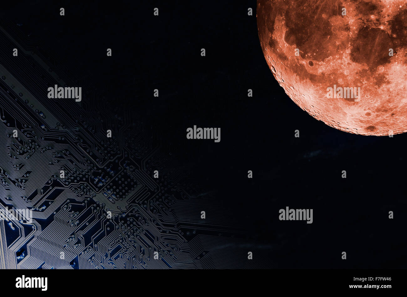 computers motherboard in outer space, technology concept Stock Photo