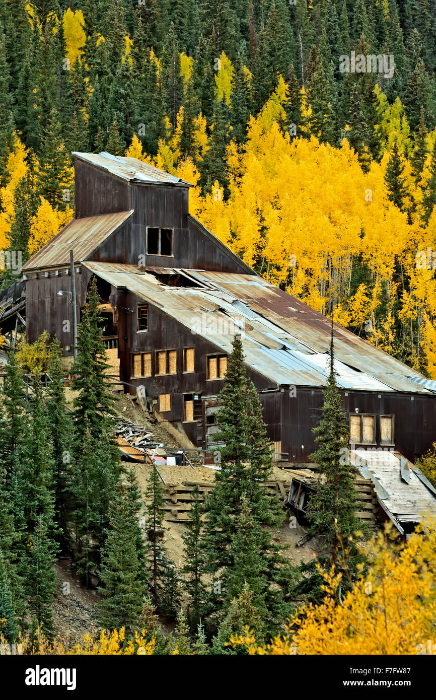 Abandoned mine and Fall colors, San Juan Mountains, near Silverton, Colorado USA Stock Photo