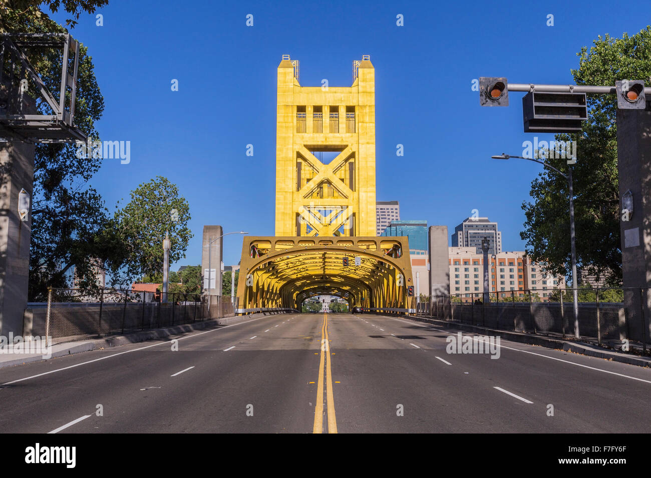 Historic Tower bridge leading towards the state capitol in Sacramento, California. Stock Photo