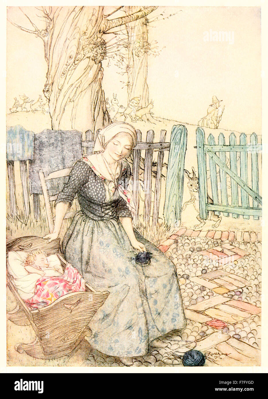 'Bye, Baby Bunting' from 'Mother Goose - The Old Nursery Rhymes' illustration by Arthur Rackham (1867-1939). See description for more information. Stock Photo