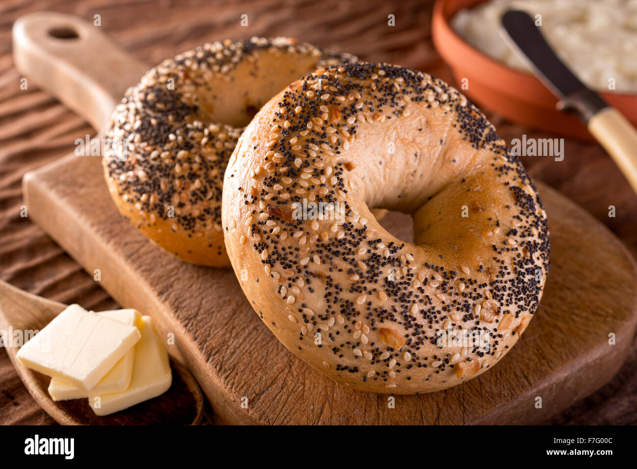 Freshly baked homemade bagels with onion, sesame seed, poppy seed