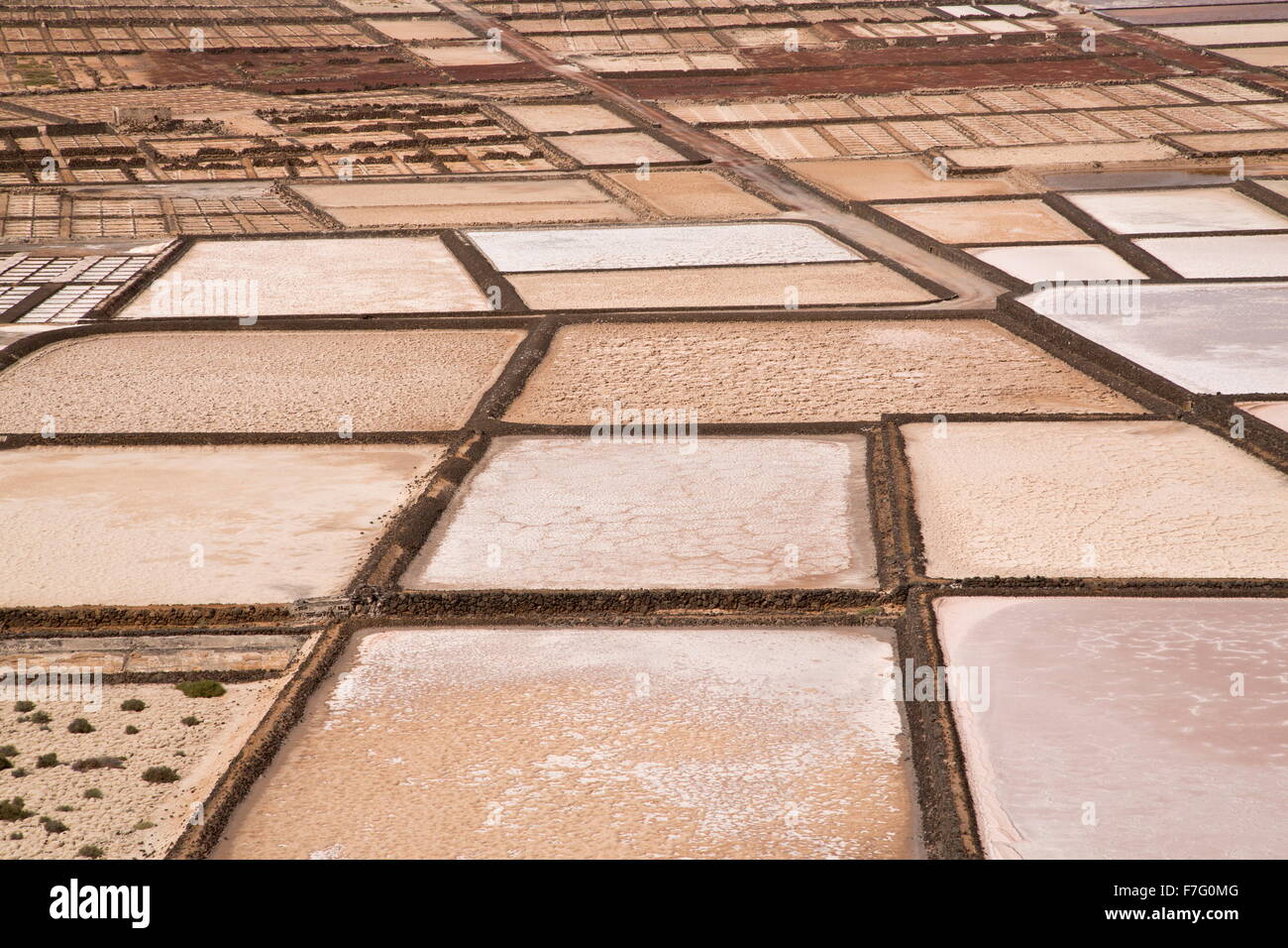 Active saltpans, or Salt evaporation ponds, at Salinas de Janubio, Lanzarote. Stock Photo