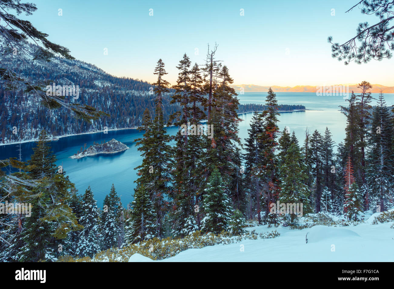 Snow covered mountains at Emerald Bay, South Lake Tahoe, CA Stock Photo