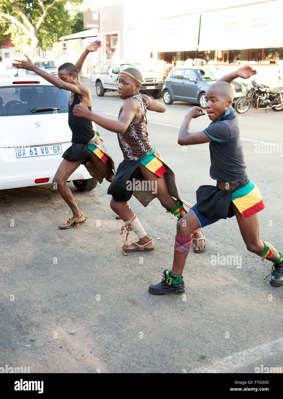 Zulu dancers perform in the Pankhurst neighbourhood of Johannesburg, South Africa. Stock Photo