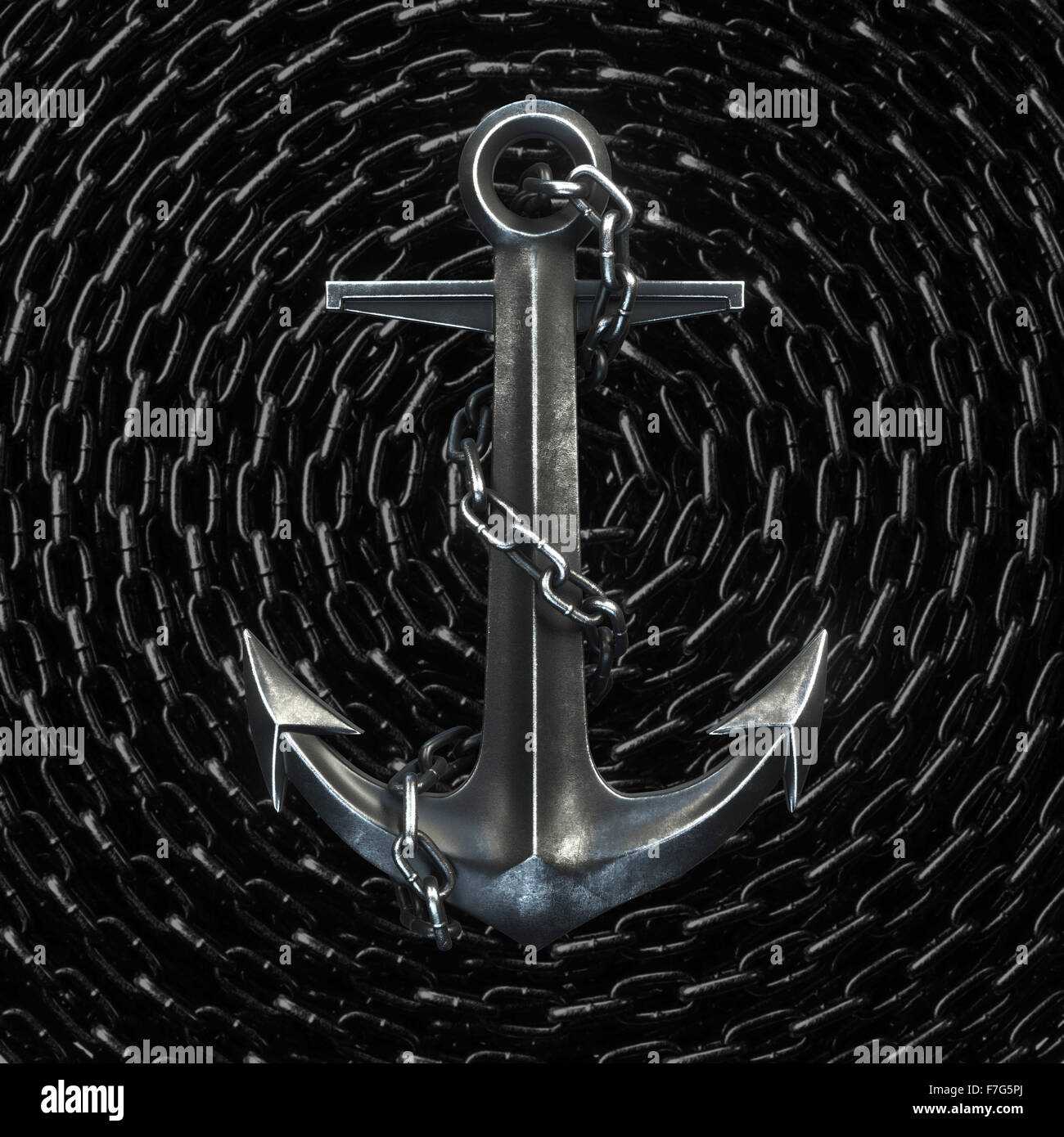 Black iron anchor on chain background. 3d render Stock Photo