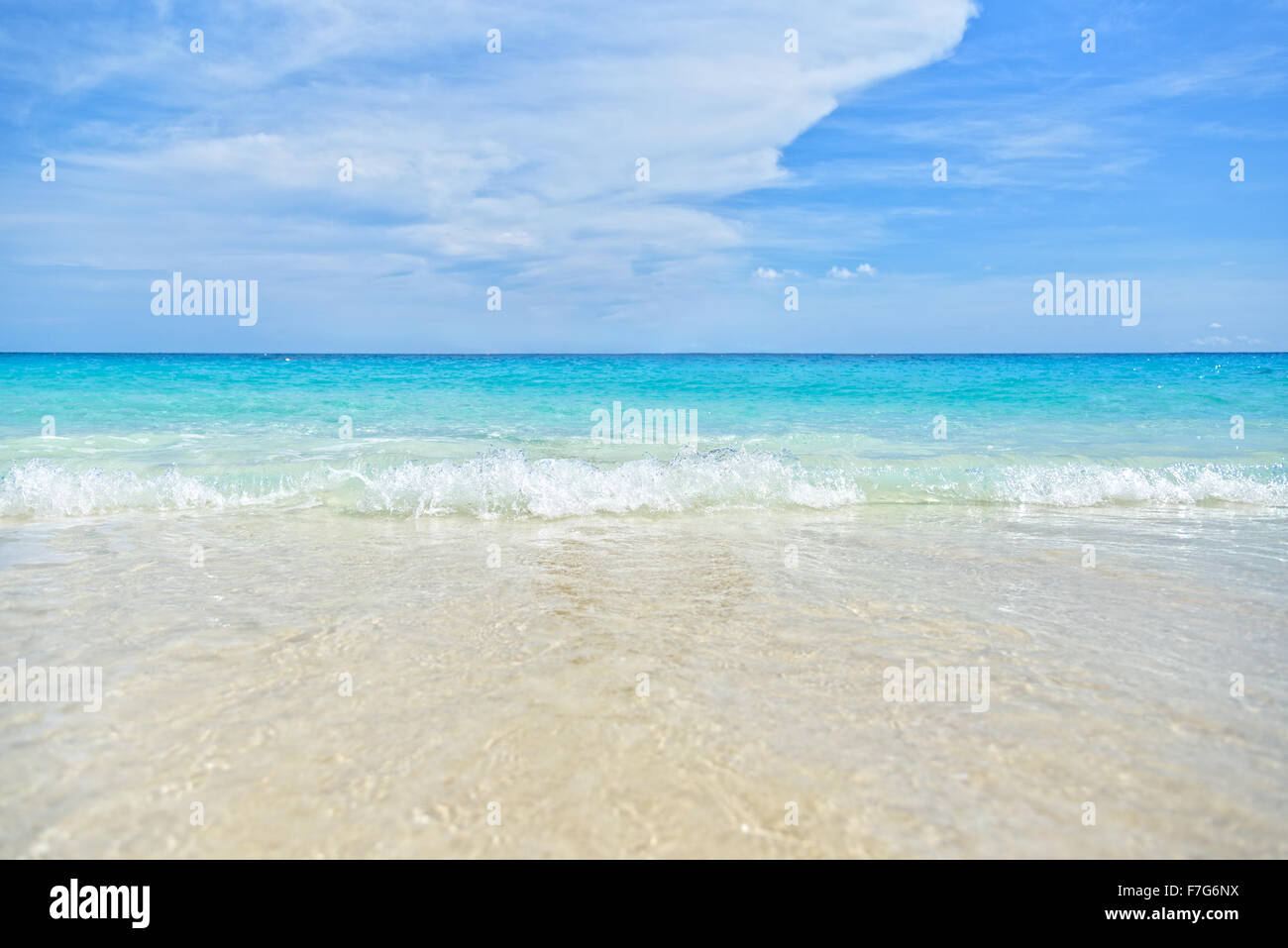 Beautiful landscapes of sea, water is crystal clear at beach on Koh Miang island under blue sky during summer for background in Stock Photo