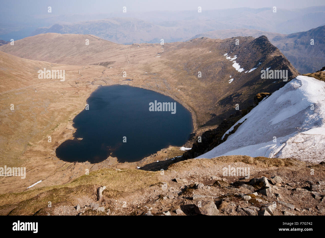 On the Summit of Helvellyn in Lake District National Park. The Knife edge ridge of Striding Edge