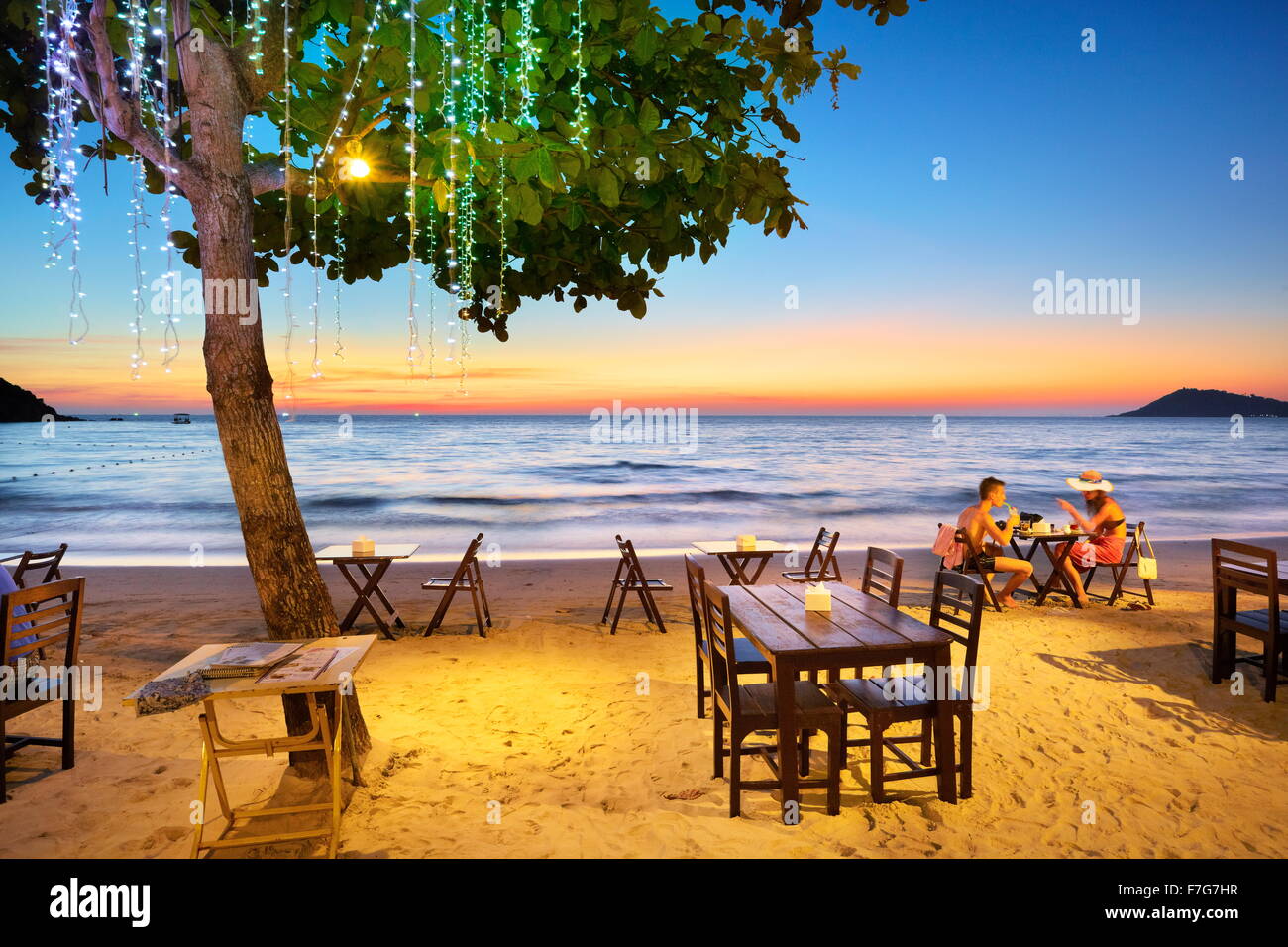 Tropical Restaurant on the beach in Lima Coco Resort, Koh Samet Island, Thailand Stock Photo