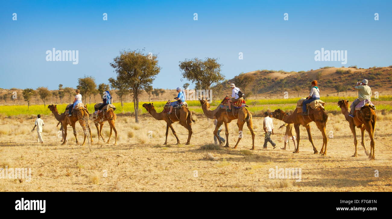 Camel caravan safari ride with tourists in Thar Desert near Jaisalmer, India Stock Photo