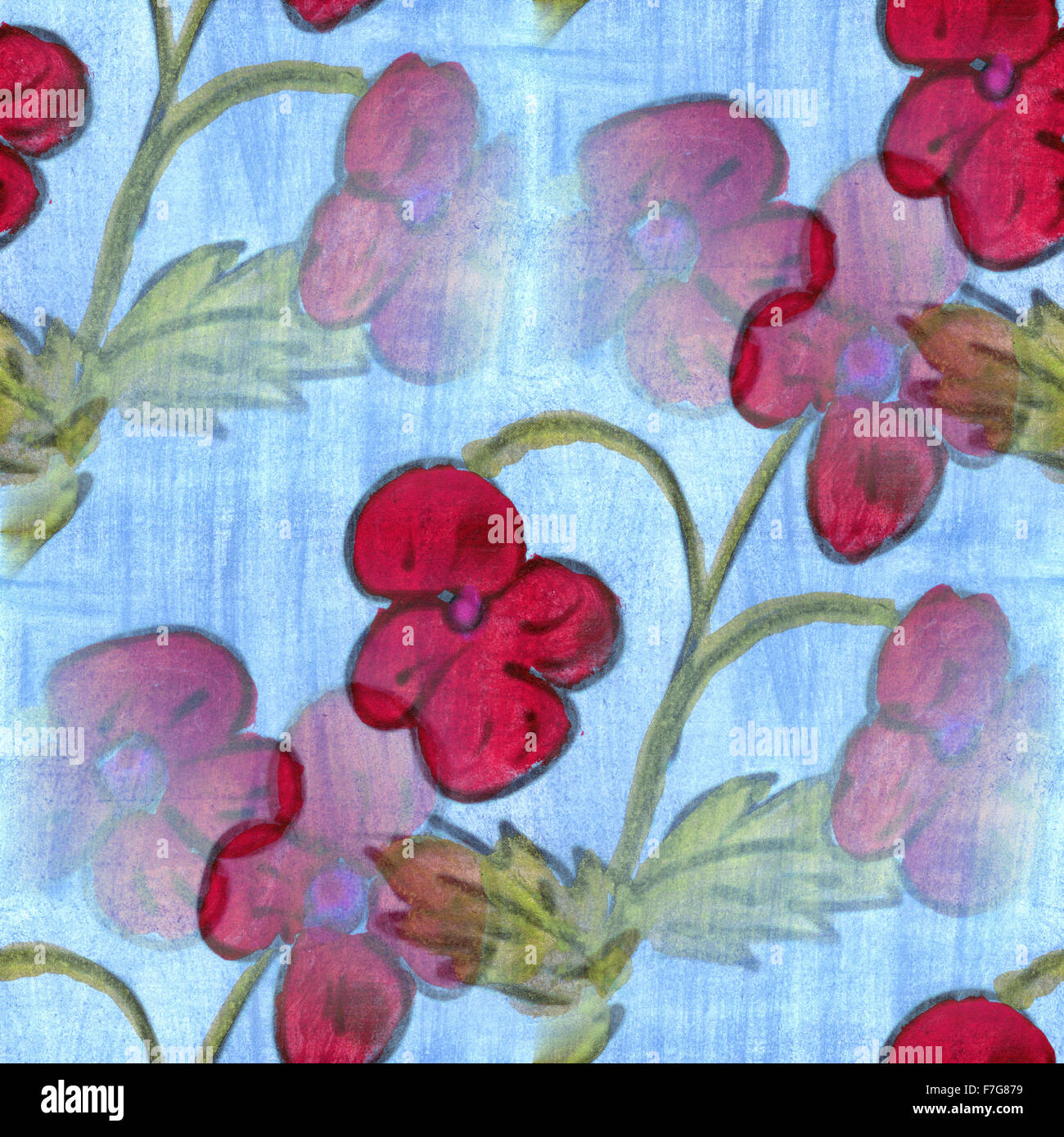 flower pattern texture blue red watercolor handmade seamless texture for your website Stock Photo