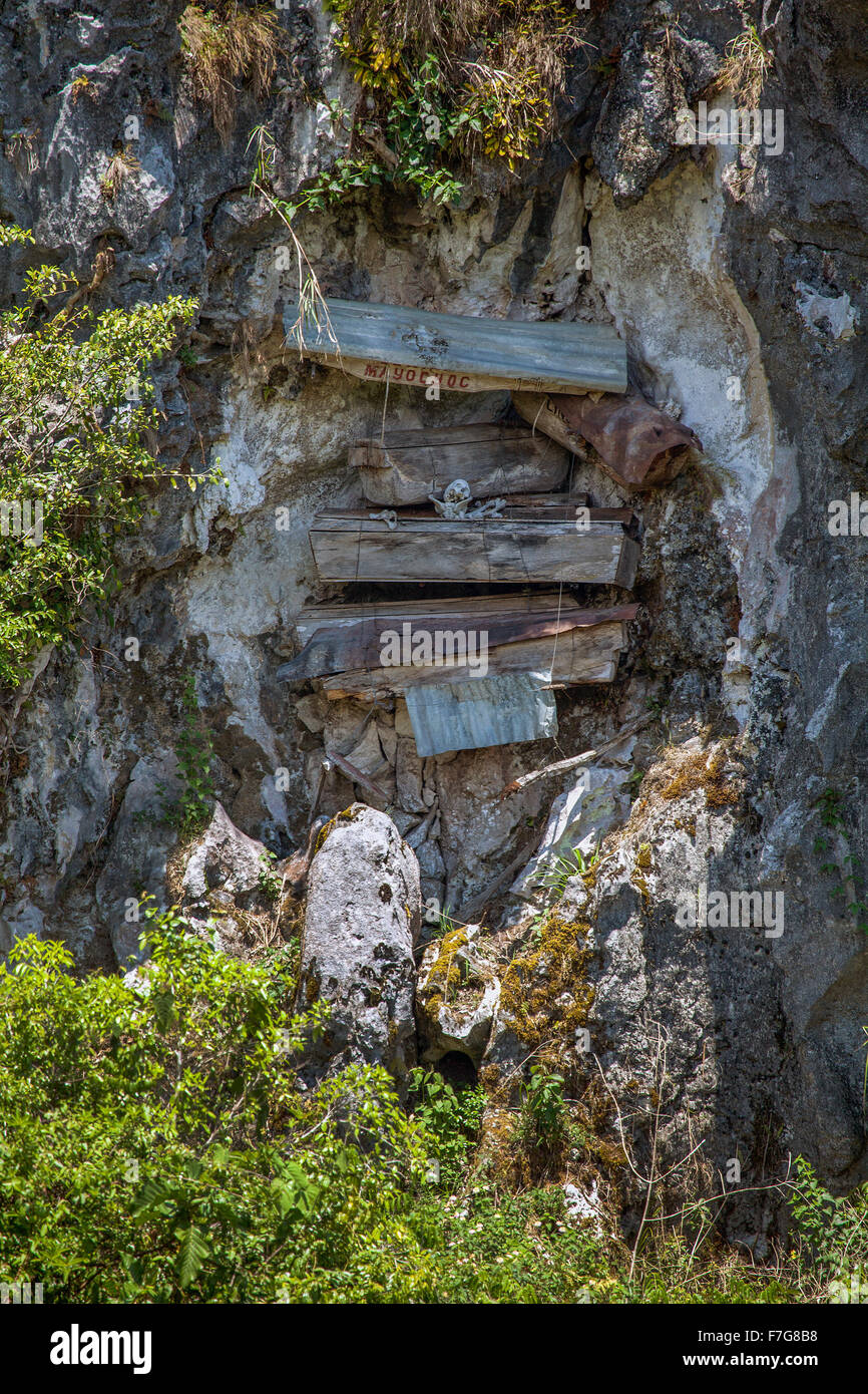Old wooden coffins hang from cliff faces in the karst limestone rock formations of the Grand Cordillera Mountain range in Sagada Stock Photo