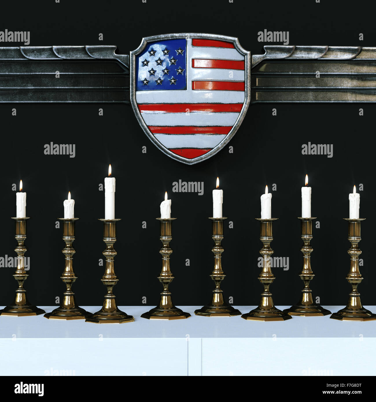 Flag of the United States of America are decorated with design vintage metal frame. Lots of candles illuminate the composition.  Stock Photo