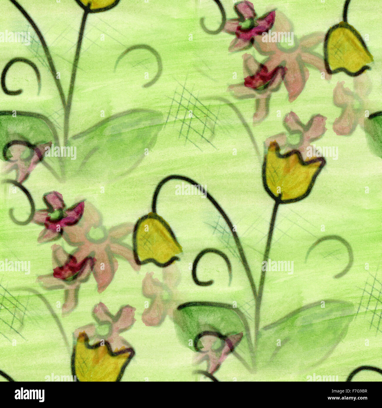 flower pattern texture watercolor handmade yellow tulip green seamless for your website Stock Photo