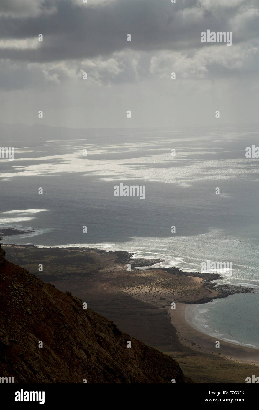 Light and shade on the ocean in the view from El Risco cliffs, Lanzarote. Stock Photo