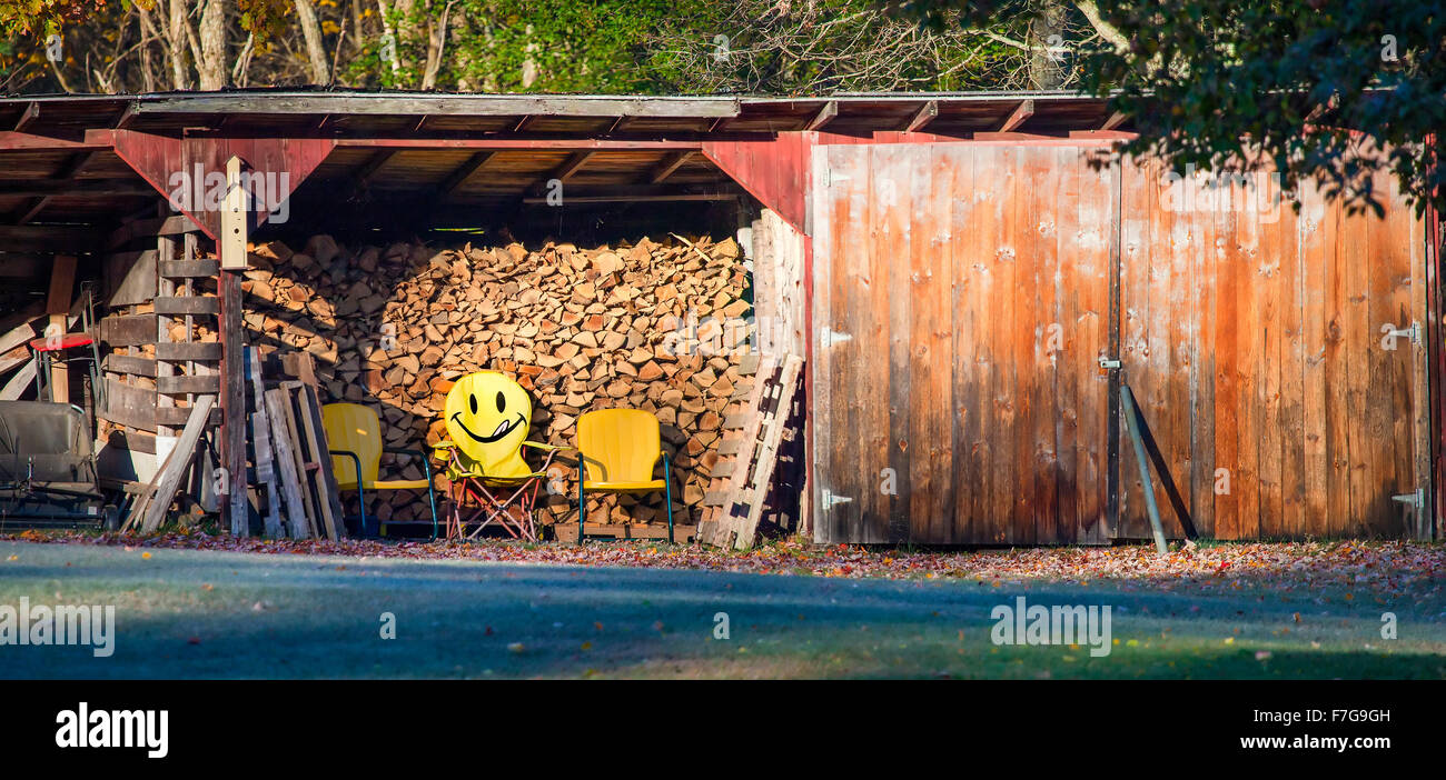 Panorama of a woodshed in New Hampshire, USA with three yellow chairs inside, one has a happy face emoji painted on its back. Stock Photo