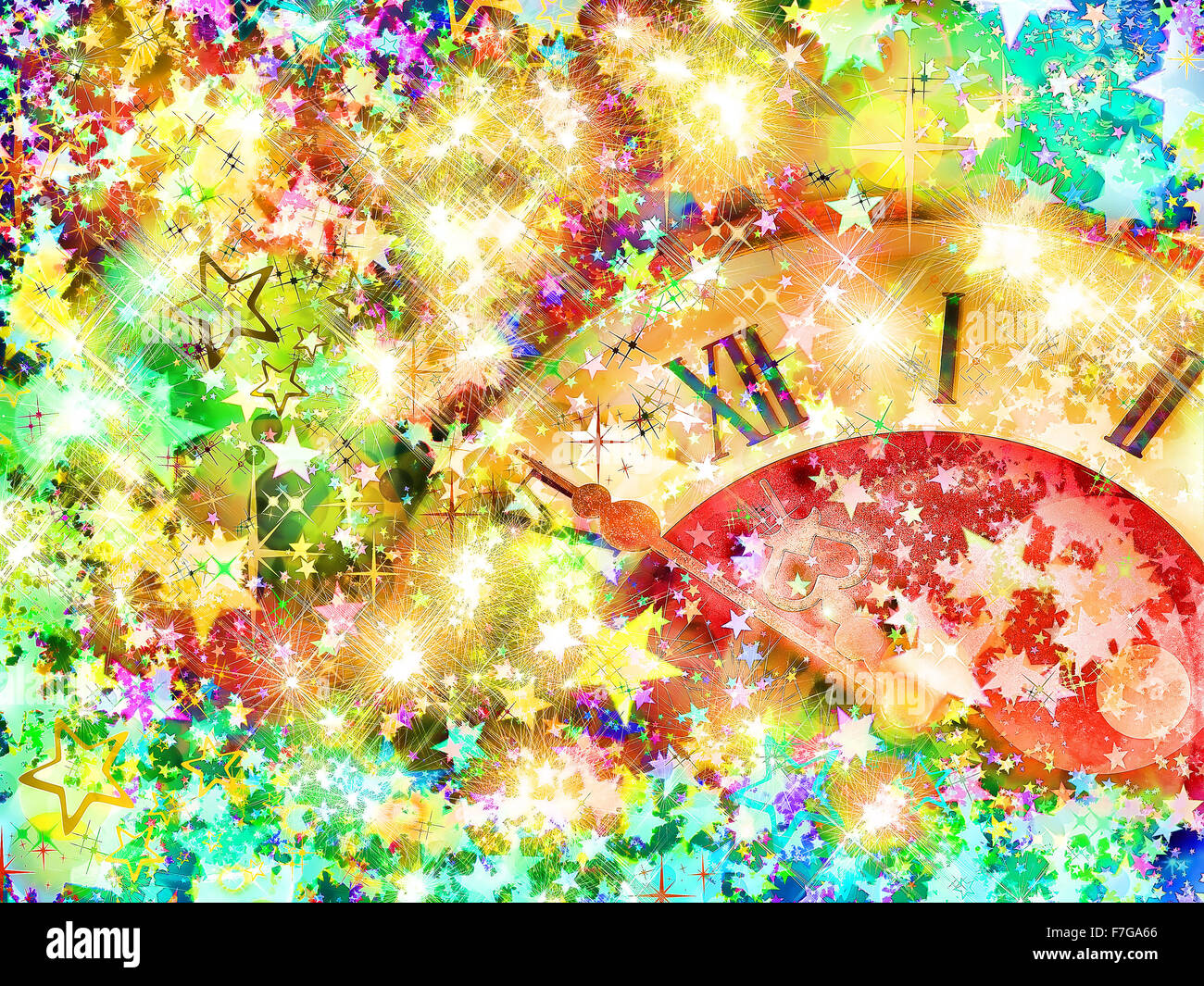 Eve of new year.Clock face on multicolored shining stars background. Stock Photo