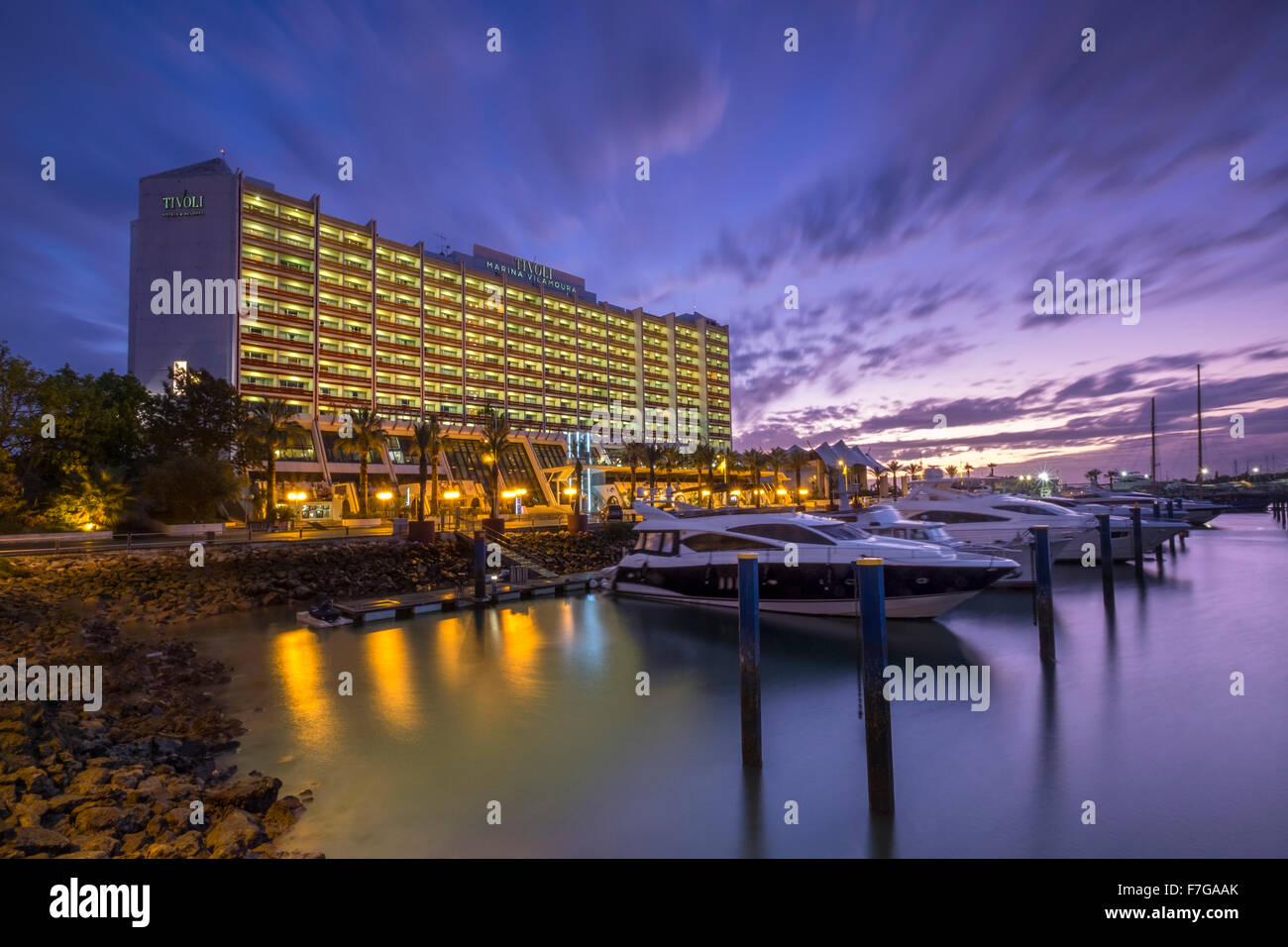 The Hotel Tivoli Marina at night, Vilamoura, Portugal Stock Photo