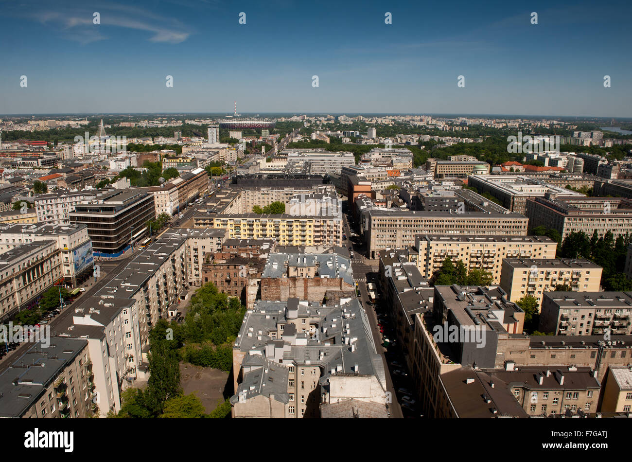 Warsaw skyline view from the hotel high level window, aerial outline urban landscape of buildings in wide angle, tourist travel Stock Photo