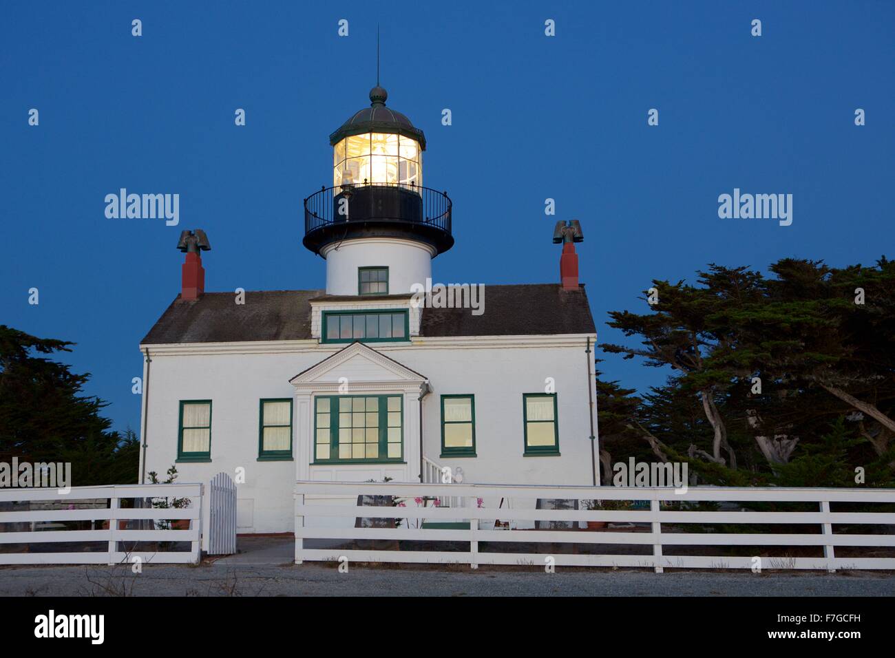 Point Pinos lighthouse in Pacific Grove, California, in the evening Stock Photo