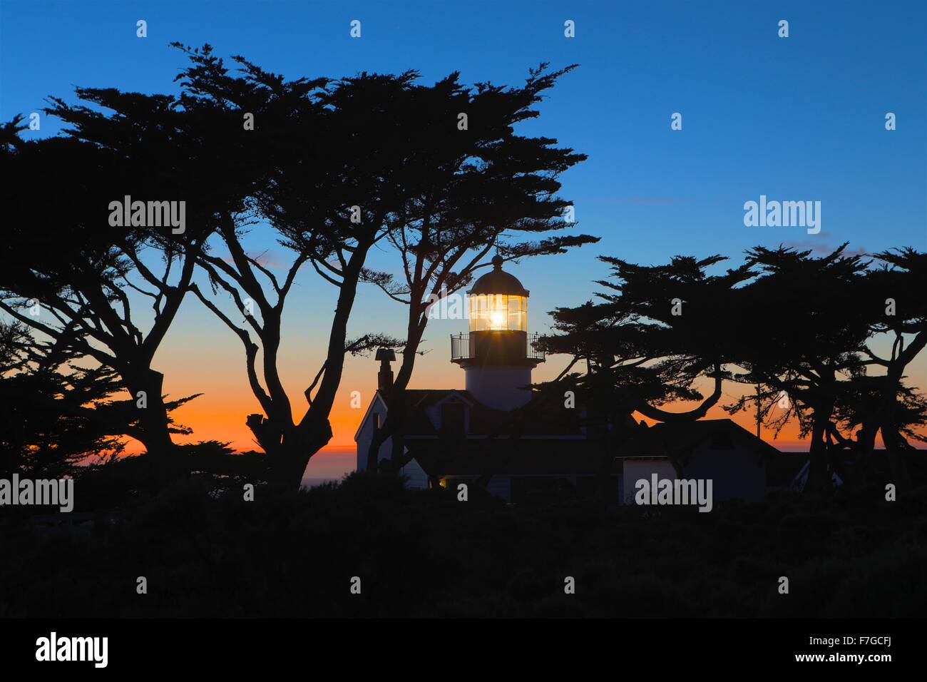 Point Pinos lighthouse in Pacific Grove, California, in the evening Stock Photo