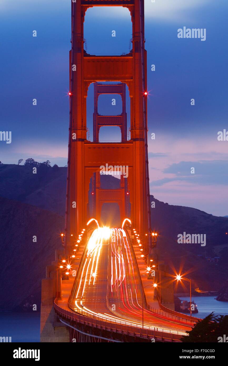Golden Gate Bridge with commute traffic at night  Commute traffic at night in San Francisco, California Stock Photo