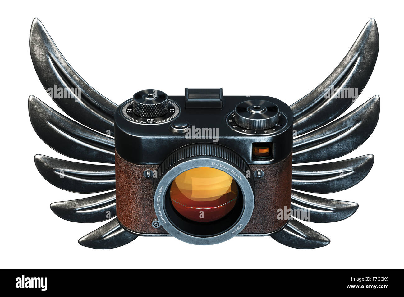 Vintage film photo camera with metal Wings on black background. 3d