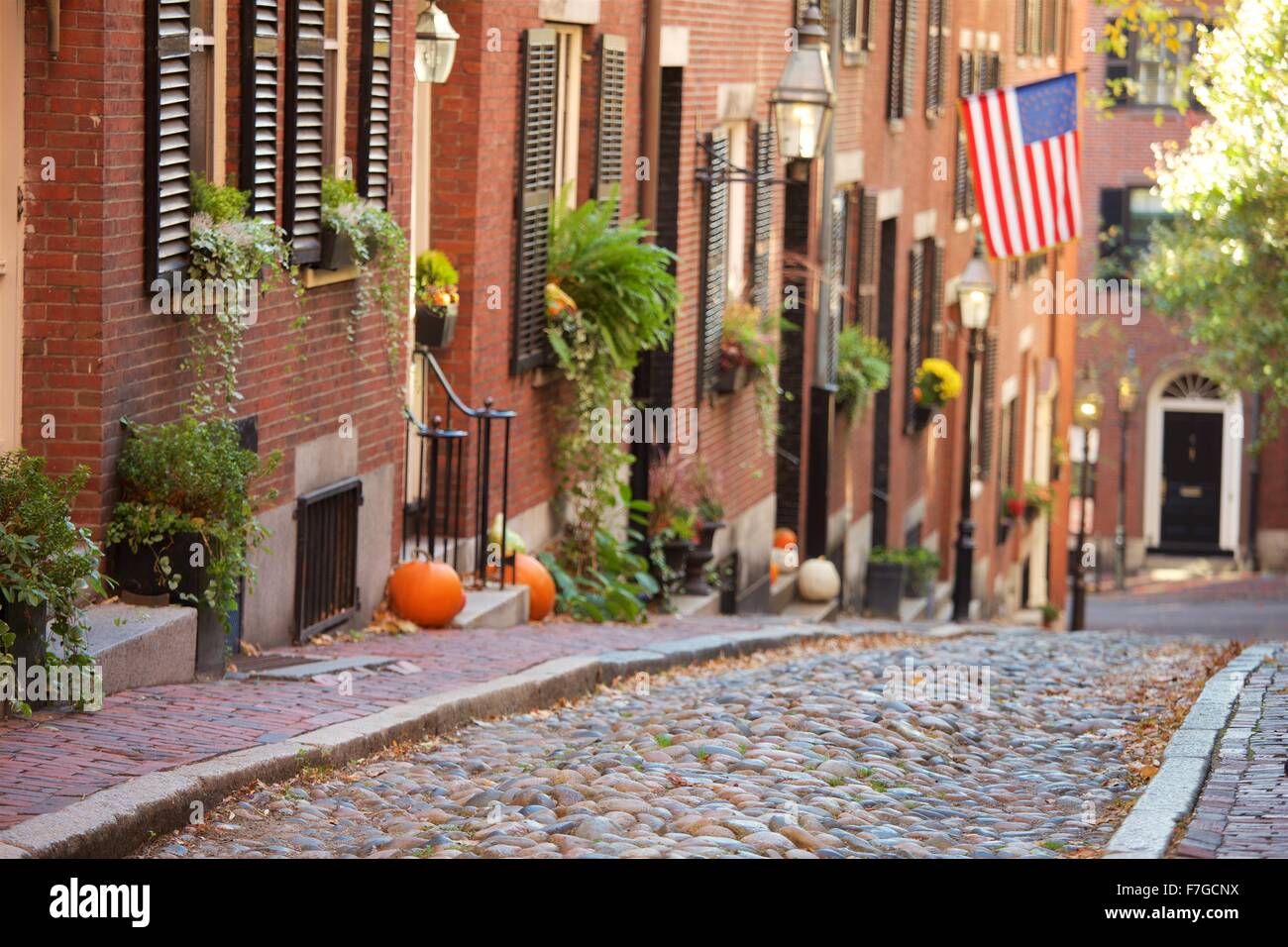 Autumn on Acorn Street in Beacon Hill, Boston, Massachusetts Stock Photo