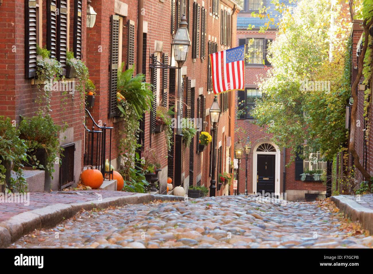 Autumn on Acorn Street in Beacon Hill, Boston, Massachusetts Stock Photo