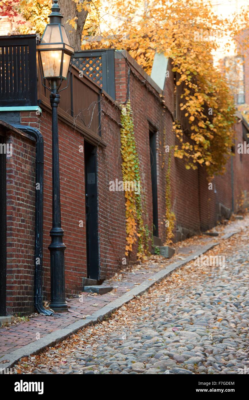 Autumn on iconic Acorn Street in the historic neighborhood of Beacon Hill, Boston, Massachusetts Stock Photo