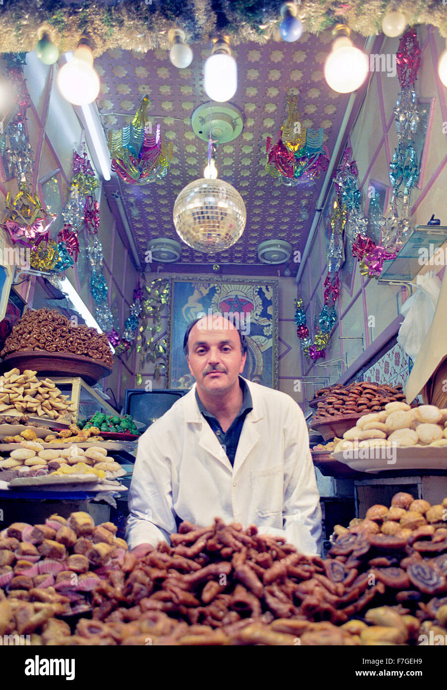 A pastries food stall in the medina at Marrakech. Morocco Stock Photo
