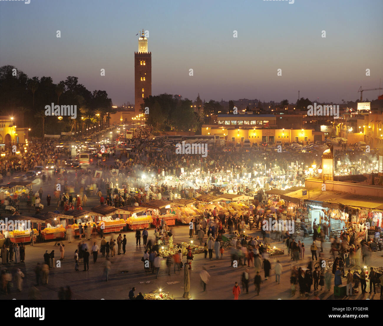 A view of food stalls in the marketplace and public square Place Jema al Fna in Marrakech at dusk. Marrakech, Morocco Stock Photo