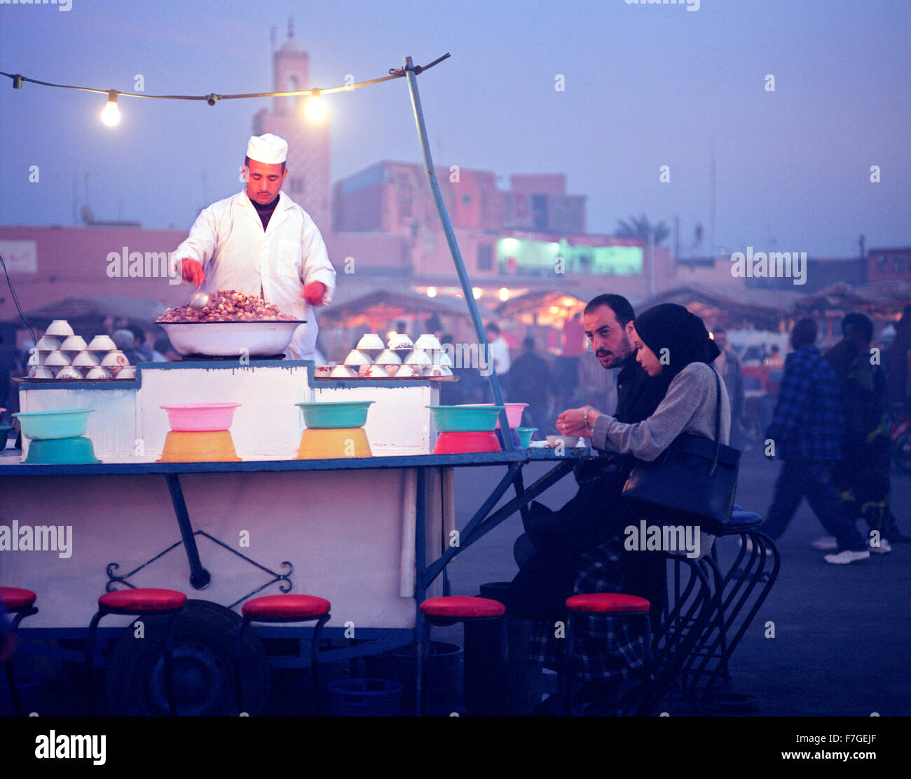 A snail, escargo, food stall at the Djemma el Fna food market in Marrakech. Morocco Stock Photo
